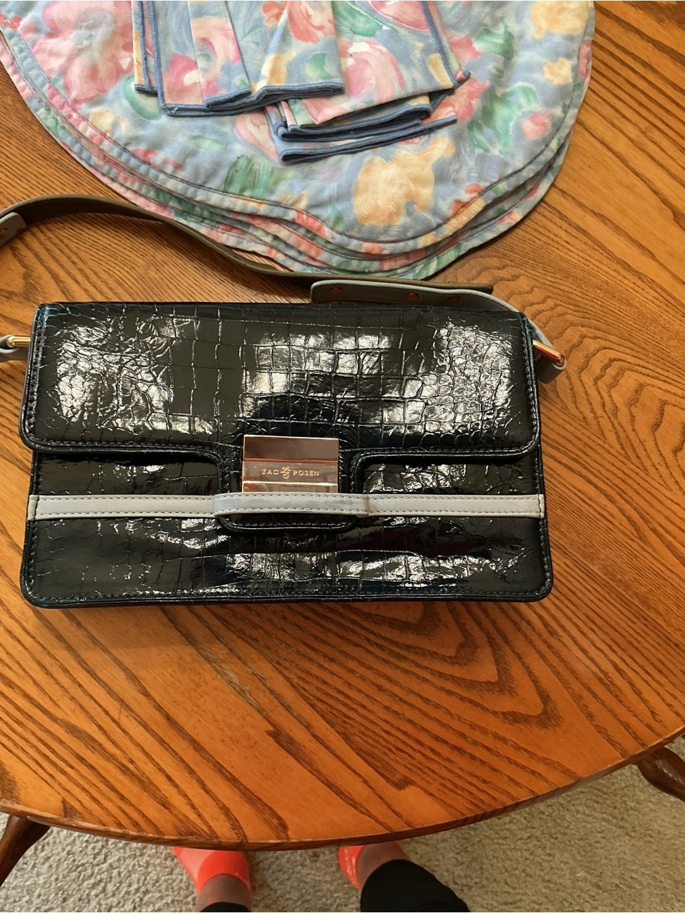 Zac Posen Black Patent Croc Shoulder Bag with Light Gray Trim